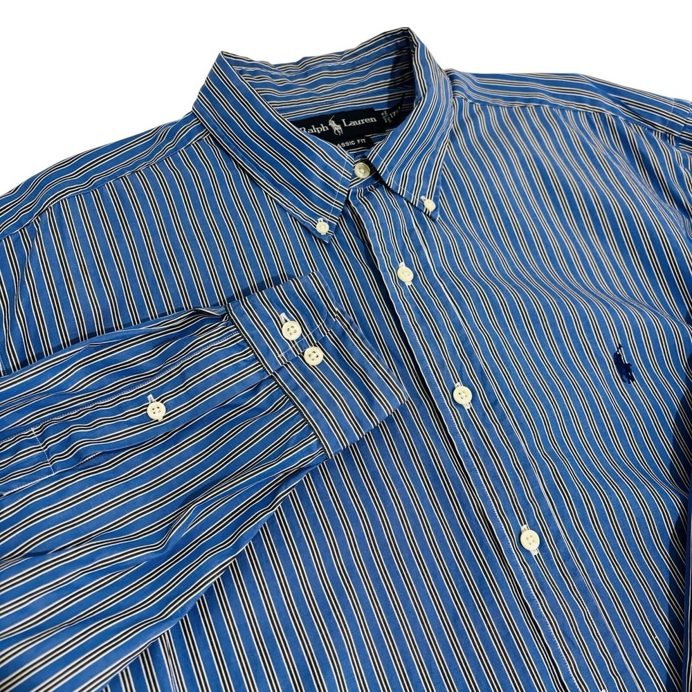 Ralph Lauren Blue Striped Button Down Shirt Mens XL Classic Fit Long Sleeve